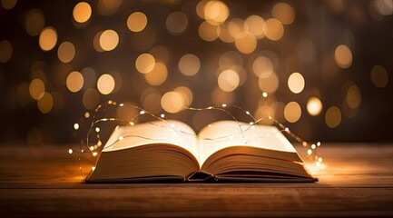 Open book with glowing lights on bokeh background. Christmas and New Year concept