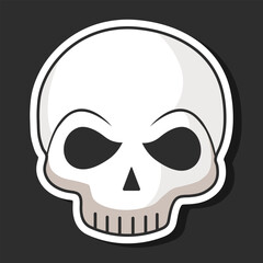 Simple shapes cartoon skeleton head vector illustration on black background. Halloween party concept. Hand drawn stickers style with white outline. Decoration, banner, poster, logo. Holiday elements.