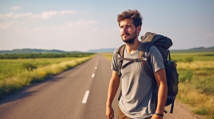 Thirty year old tourist is traveling outdoors, with backpack. Beautiful illustration picture. Generative AI