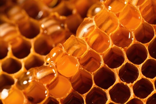 macro shot of honeycomb cells filled with honey
