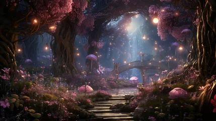 Acrylic prints Fairy forest Night in a fairytale forest, imaginary magical land