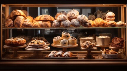 Bakery display with an array of fresh food. Beautiful illustration picture. Generative AI