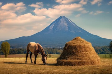horse eating hay with mountain landscape in background