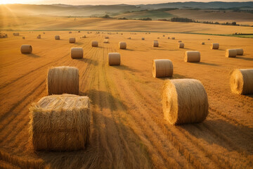Aerial view of hay bales in summer. - obrazy, fototapety, plakaty