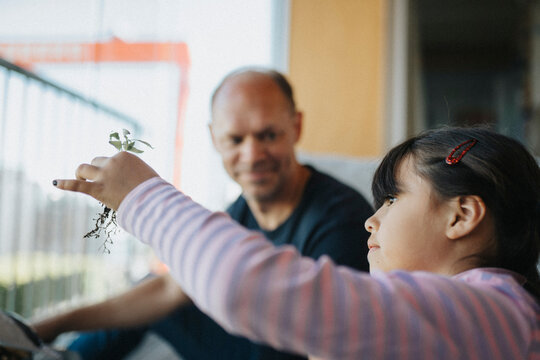 Father and daughter bonding over planting seedlings on balcony