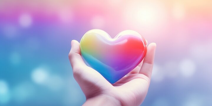 Woman hand holding colorful heart on background, Valentine's day concept, LGBTQ, generative ai