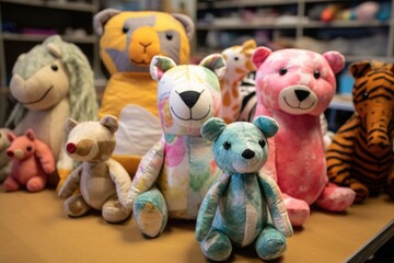 close-up of stuffed animals in various stages of completion