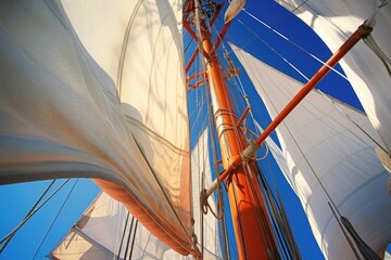 detail of a yachts rigging and sails against blue sky - obrazy, fototapety, plakaty