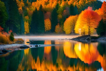 autumn landscape with lake reflection in lake generated by AI tool