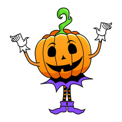 Halloween pumpkin lantern character with evil face, single character isolated on white.