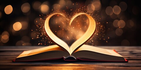 Open book with pages forming heart shape on a bokeh light background, Feeling love and romance, Valentine's day, generative ai