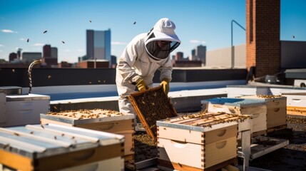 Urban beekeeper tends to hives. Beautiful illustration picture. Generative AI