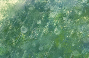 Hand painting on canvas natural smoky greenish rainy background. Acrylic painting background illustration.