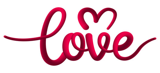 Love word typography with heart written in red color isolated on transparent background.
