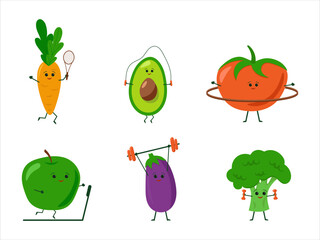 Cartoon healthy vegetables isolated graphic vector illustrations. Cute Vegetable Characters with funny faces. Happy smiling healthy food set