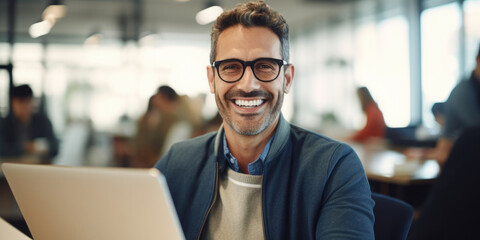 Businessman smiling using laptop computer sitting at worktable at modern office. Happy man, entrepreneur, small business owner working online, generative ai - obrazy, fototapety, plakaty