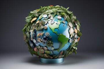 Globe covered in the plants. Beautiful illustration picture. Generative AI