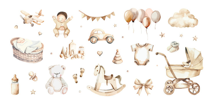 Watercolor Illustration Baby Boy Clipart.