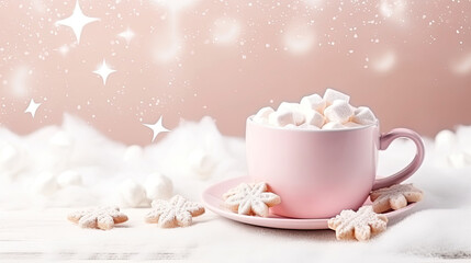 Obraz na płótnie Canvas Pink cup of coffee latte or cocoa with marshmallow marshmallows on snow with winter background.