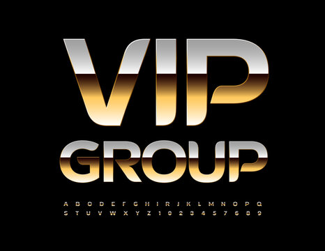 Vector artistic Emblem Vip Group. Luxury Golden Font. Chic Alphabet Letters and Numbers set