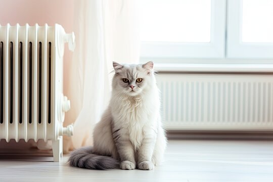 A white British longhair cat in a bright apartment is heated by a heating radiator. Heating season in the house concept.