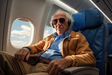 image of mature senior in airplane