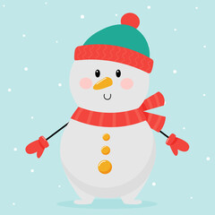 Snowman in a hat and scarf on a blue background. New Year vector illustration
