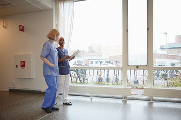 Female doctors standing at hospital corridor and talking to each other