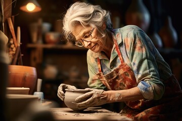 image of mature senior woman making pottery art - obrazy, fototapety, plakaty