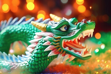 Green wooden dragon figurine on blurred firework lights background.