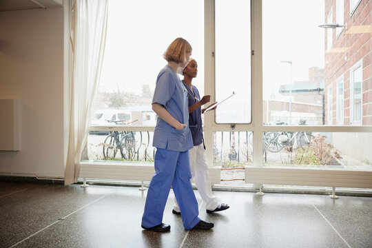 Female doctors walking through hospital corridor and talking to each other