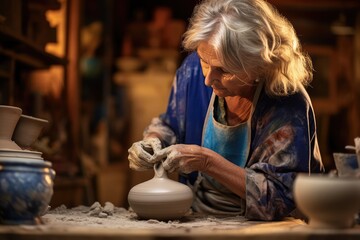 image of mature senior woman making pottery art