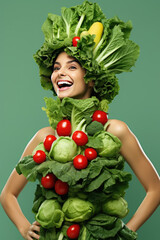 Fototapeta na wymiar funny happy woman wearing dress of lettuce and vegetables, healthy vegetarian life, diet, weght loss, Generative AI