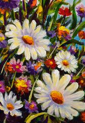 Vertical oil painting flower impressionism White purple pink wildflowers art paint landscape nature artwork