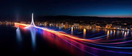 Long exposure light creates artful cityscape at night. Generative AI