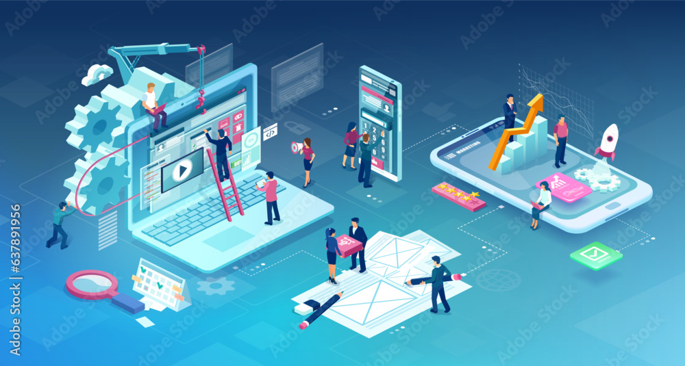 Wall mural vector of software development team working on new startup, mobile app creation, website design