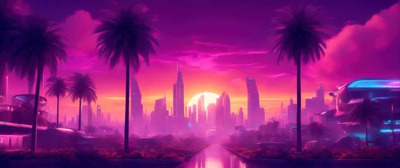 Fotobehang A wide-angle shot of a futuristic city panorama in a purple haze against a sunset sky. Fantasy illustration in cyberpunk style. Futuristic city scene in a style of sci-fi art. 80's wallpaper. © Valeriy