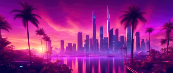 A wide-angle shot of a futuristic city panorama in a purple haze against a sunset sky. Fantasy illustration in cyberpunk style. Futuristic city scene in a style of sci-fi art. 80's wallpaper.