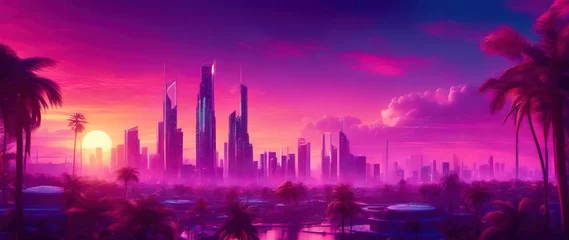 Foto op Plexiglas A wide-angle shot of a futuristic city panorama in a purple haze against a sunset sky. Fantasy illustration in cyberpunk style. Futuristic city scene in a style of sci-fi art. 80's wallpaper. © Valeriy