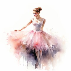 Watercolor painting of a dancing ballerina wearing a tutu standing on pointes for invitation, card, poster watercolor. Watercolor hand draw illustration.