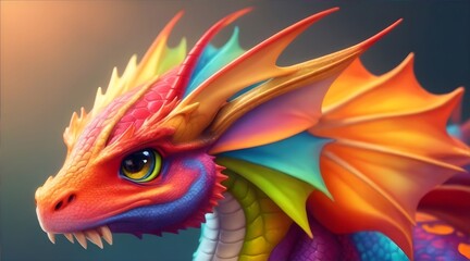 Obraz premium An up-close view of a vibrant dragon reveals sparkling eyes, multicolored scales, and iridescent wings.