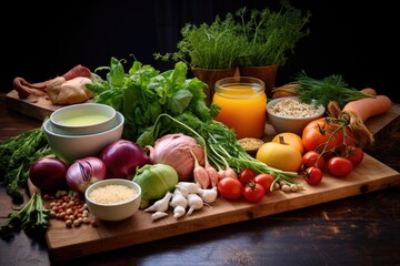 fresh ingredients for soup laid out on a board