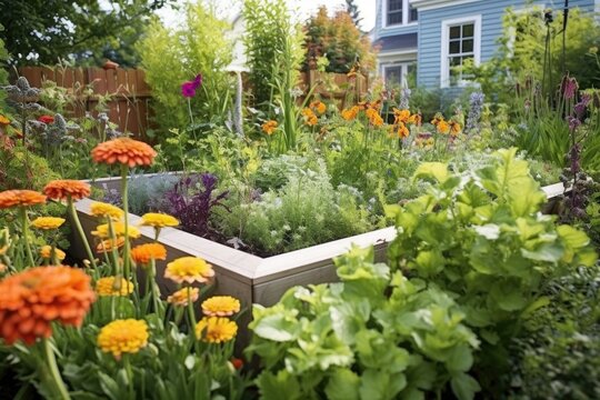 vibrant flowers blooming in raised garden bed