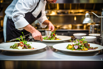 Obraz na płótnie Canvas A chef preparing dishes in a gourmet restaurant