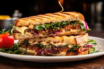 close-up of a grilled panini sandwich