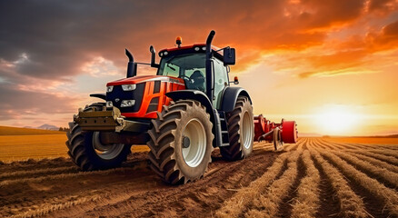 Obraz premium Red tractor working in the field at sunset