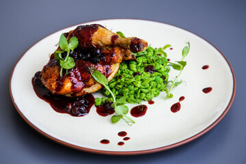Chicken drumstick, grilled, tasty, beans, green.