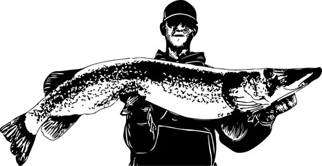 Fototapeta premium The fisherman has caught a big fish and is holding it in his hands. Art & Illustration