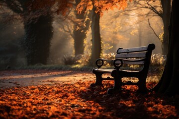 Abandoned wooden bench in a park covered with autumn leaves - Time's Passage - AI Generated