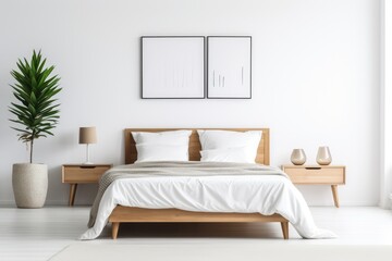 Fototapeta na wymiar Minimalist Scandinavian bedroom design with white walls and wooden furniture - AI Generated